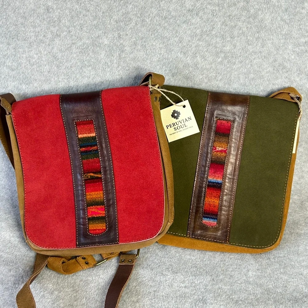 PERUVIAN SOUL Suede & Manta Messenger Bag‎ Olive Adjustable Strap Handcrafted